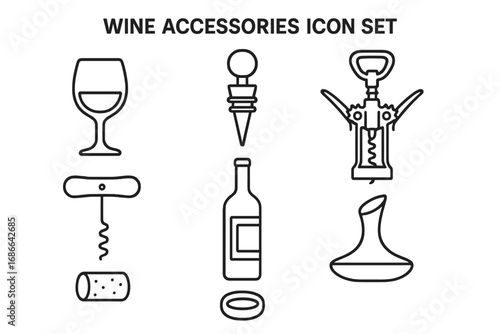 Wine accessories icon set. Vector linear style. Sommelier tools for winery, bar, restaurant. Corkscrew, wineglass, bottle, decanter, stopper, cork outline collection.