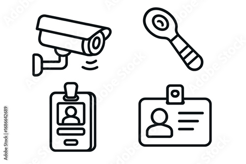 Security Icon Set, Outline Style Vector Illustration of Surveillance Camera, Security Tag Remover, Badge Scanner, and Identification Badges for Loss Prevention and Access Control