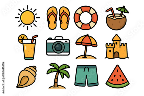 Summer Vacation Icons Set, Beach Theme Vector Cartoon Collection, Tropical Holiday Symbols with Transparent Background, Flip Flops, Palm Tree, Sandcastle, Refreshing Drinks, Sunglasses, Shell, Camera