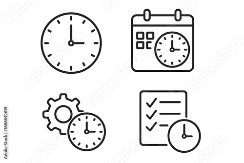 Time management linear icon set with clock, schedule, productivity tools, checklist, and gear symbols, outline style vector cartoon illustration, transparent background, organized productivity concept