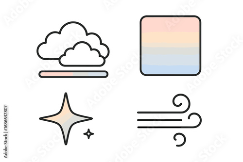 Serene sky icon set with gentle clouds, pastel gradient background, distant star, soft breeze, calm evening sky vector cartoon illustration, outline style