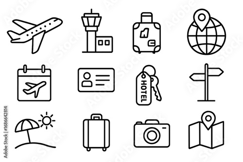 Travel and tourism icon set with airplane, airport, luggage, hotel, map, and vacation symbols. Linear vector collection, cartoon style, transparent background, ordered design.