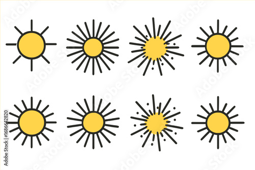 Sunburst vector icons set with explosion rays and sunrays, cartoon style sunburst symbols in ordered collection, bright yellow sun illustrations, transparent background vector