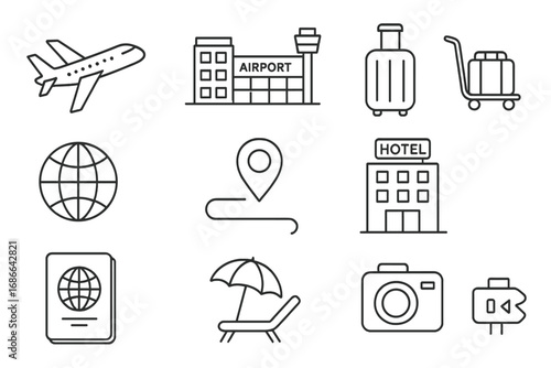 Travel and tourism line icon set with airplane, airport, luggage, map pin, hotel, passport, camera, and beach chair symbols in clean linear style, vector cartoon illustration