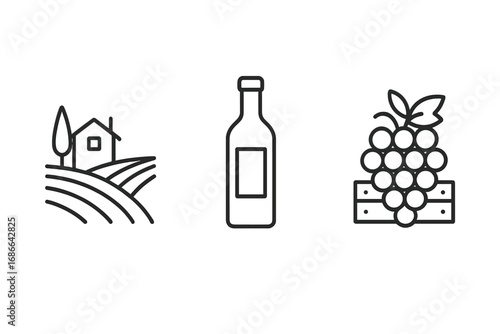 Wine production icon set. Winemaking process linear icons. Vineyard, grape harvest, wine bottle. Viticulture and agriculture concept. Alcohol drink, beverage symbols. Vector.