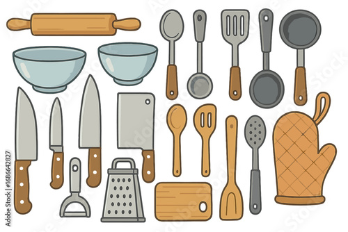 Kitchen utensils and cooking tools icon set. Vector cartoon illustration of cookware for culinary food preparation. Flat design kitchenware collection with knife, spoon, and bowl.