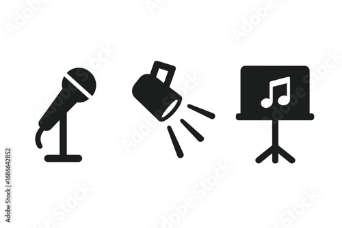 Solid Singing Performance Icons Set with Stage Microphone, Spotlight, Music Stand, Vector Cartoon Illustration, Music Symbols, Stage Elements, Performance Tools