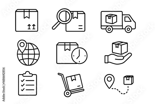 Shipping and delivery outline icon set, package tracking and logistic line icons collection, cartoon style vector illustration with transparent background, ordered set 4