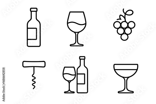 Wine tasting outline icon set. Minimalist beverage collection for winery, bar or restaurant menu. Vector linear symbols of wine bottle, glass, grapes, corkscrew. Elegant alcohol drink pictograms.