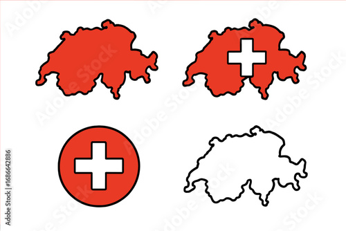 Switzerland map icon collection, Swiss country symbols, vector elements, cartoon illustration, transparent background, ordered set 2, minimalist national outline graphics