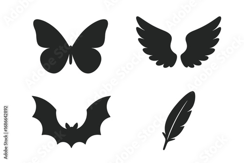 Wing silhouette icon set with butterfly, angel, bat, and feather shapes. Vector graphic collection of black isolated wings for creative design projects. Fly concept symbols.