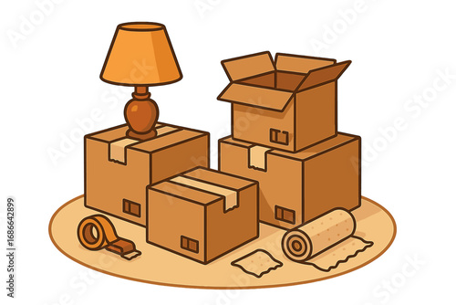 Moving day essentials with cardboard boxes, lamp, and packing supplies. Relocation to a new home or apartment. Packing and unpacking belongings. Vector cartoon set.