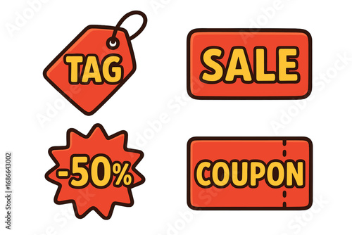 Colorful tag and sale icon set with discount percentage, coupon, and price tags, vibrant vector cartoon illustrations perfect for promotions, sales, advertising, marketing design elements