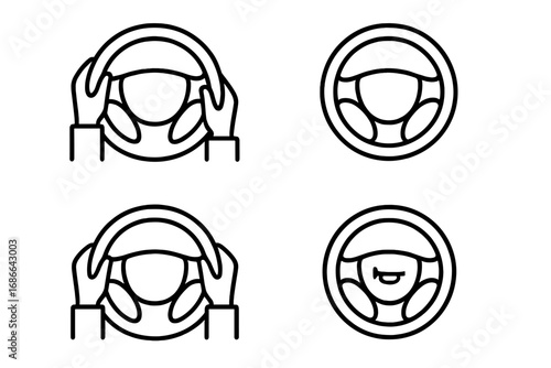 Steering wheel icon set, precise hand positioning for safe driving, POV view with 2-hand marks, airbag cover, horn symbol, automotive safety, vector cartoon illustration