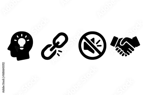 Stigma Reduction Icons Set, Solid Filled Vector Symbols Representing Mental Health Awareness, Broken Chain, Open Mind, Silence Symbol, and Handshake for Social Change and Inclusion Concepts