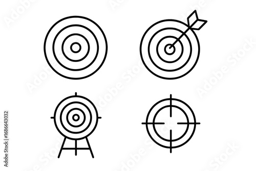 Target icons set, bullseye aim and goal symbols collection, vector outline cartoon illustration with transparent background, precise goal achievement concept, aiming symbols