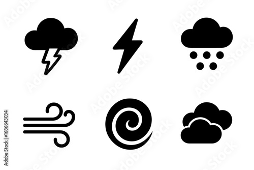 Storm symbols grid solid filled vector icons of stormy skies, thundercloud, lightning bolt, hail, strong wind, hurricane swirl, dark sky weather elements, cartoon illustration