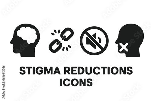 Stigma reduction icons set, solid filled vector symbols of mental health awareness, open mind, broken chain, silence crossed out, social change, black silhouette illustrations