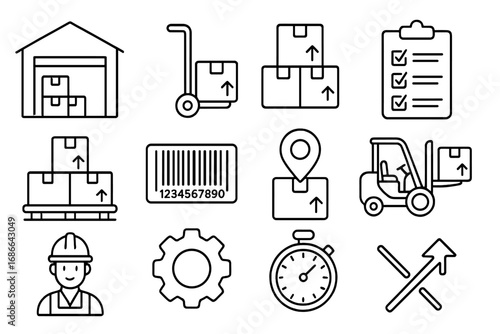 Warehouse and logistics line icon set, storage and equipment management linear collection, vector cartoon illustrations with transparent background, ordered icons for industry and supply chain