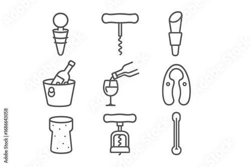 Wine Accessories Icon Set, Linear Style Vector Graphics for Winery, Bar, Drink Collection, Bottle Openers, Corkscrew, Pourer, Ice Bucket, Drink Pouring, Elegant Barware Illustrations
