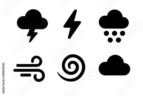 Storm Symbols Grid Solid Filled Icon Set of Stormy Skies Thundercloud Lightning Bolt Hail Strong Wind Storm Swirl Dark Sky Vector Cartoon Illustration Weather Icons Collection