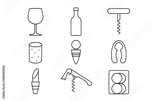 Wine accessories vector icon set in linear style for winery, bar, drink collection, corkscrew, wine stopper, glassware, bottle opener, and drink coaster, transparent background
