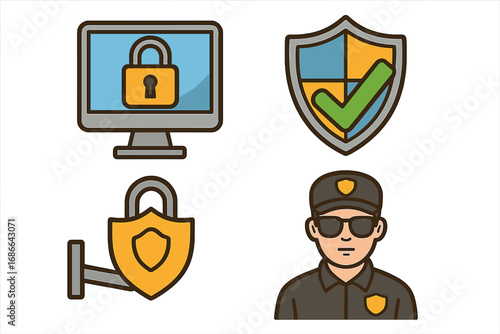 Security icon set for online protection and physical safety. Cybersecurity concept with computer and padlock. Data privacy, guard, and shield with checkmark vector icons.