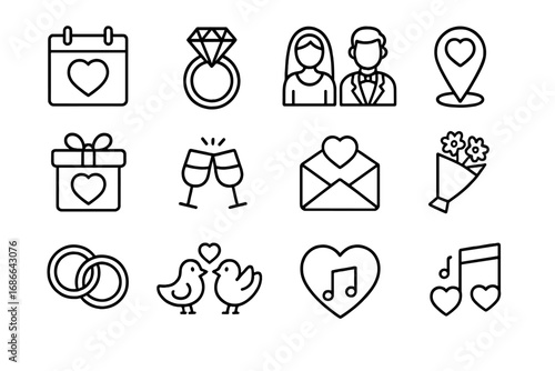 Wedding and Valentine's Day outline icon set. Love and romance linear symbols for marriage celebration. Vector icons: couple, ring, heart, gift, lovebirds, music notes.