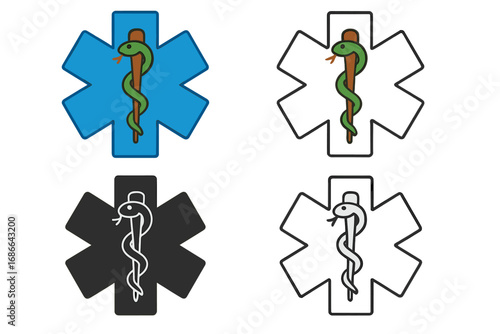 Star of Life emergency medical symbol vector icon set. Rod of Asclepius with snake and staff. Paramedic ambulance logo for medicine, healthcare, and hospital services.