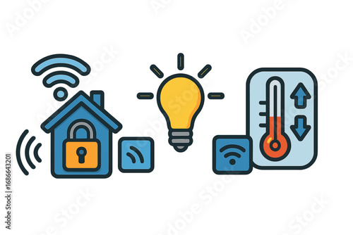 Smart home technology icon set. Vector illustration of home automation system. Concepts of security, lighting, climate control, wireless connection, and internet of things (IoT).