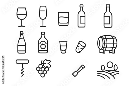 Wine and Spirits Icon Set with Glasses, Bottles, Vineyard Symbols, Corkscrew, Barrel and Grapes – Vector Line Art Collection for Bar, Beverage, Alcohol and Winery Design