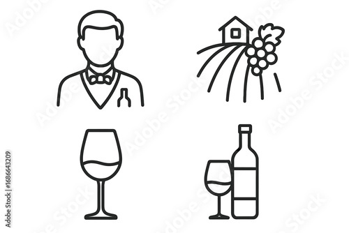 Wine Tasting Line Icon Set with Sommelier, Vineyard, Wine Glass, and Bottle Outline Collection, Vector Cartoon Illustration, Transparent Background, Elegant Wine Culture Icons