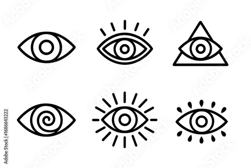 Mystic eye icon set in thin line style. Esoteric and spiritual symbols of vision, protection, and perception. All-seeing eye of providence, third eye, and magic icons.