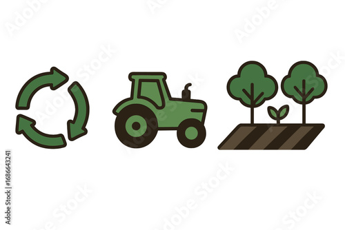 Sustainable farming icons set with green tractor, agroforestry, crop rotation symbol, sustainable land management, eco-friendly agriculture vector illustration