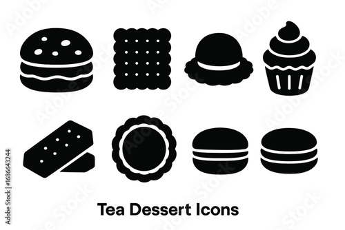 Tea Dessert Icons Solid Filled Vector Set of Tea-Themed Desserts Including Scone, Biscuit, Tea Cake, Cupcake, Shortbread, Jam Tart, Macaron, Cartoon Style Illustration