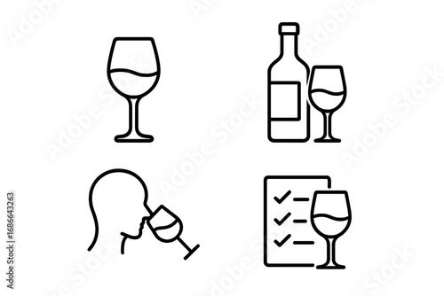 Wine Tasting Outline Icon Set, Minimalist Elegant Beverage Collection, Wine Glass and Bottle Vector Cartoon Illustration, Transparent Background, Tasting Checklist Icons