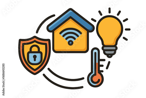 Smart home technology vector icons for home automation. Set shows security lock, lighting bulb, and temperature thermometer. Internet of Things (IoT) concept illustration.