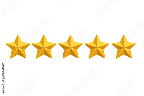 Five golden realistic stars. Vector golden 3d isolated five stars. Customer feedback concept. Vector 5 stars rating review. Quality shape. Success, satisfaction symbol.