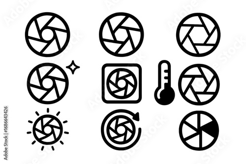 Aperture icon set vector. Camera shutter and lens diaphragm symbols. Photography and photo exposure concept. Simple f-stop graphic collection for ui ux design. Line art symbols.