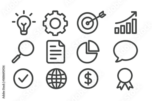 Set of minimalist vector icons illustrating modern business, technology, finance, and communication concepts in simple, elegant line style with transparent background