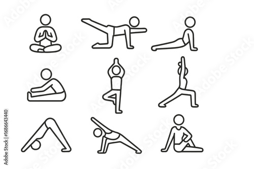 Yoga poses outline icon set with meditation, exercise, and stretch icons collection, simple vector cartoon illustration, transparent background, ordered fitness and wellness symbols