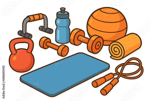Fitness equipment and sport accessories for home workout. Vector cartoon illustration set with dumbbell, kettlebell, mat, jump rope, stability ball. Healthy lifestyle concept.