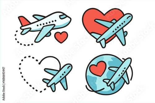 Travel love icon set with airplane and heart symbols. Vector cartoon illustration for romance, honeymoon or valentine's day. Flight path forms a heart. Plane flies over a heart and the globe.