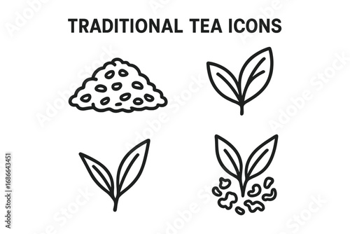 Traditional Tea Icons Outline Set Including Loose Leaf Tea Pile, Green Tea Leaf, Black Tea Leaf, and Oolong Tea Leaf Vector Cartoon Illustration for Beverage Design