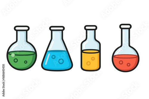 Laboratory flask and beaker icon set. Chemical reaction and experiment concept. Science, chemistry, education. Potion bottle, elixir or poison liquid. Vector cartoon illustration.