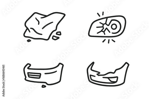 Traffic Accident Icons Set, Outline Vector Collection of Car Debris, Crumpled Hood, Broken Headlight, Bent Bumper, Vehicle Collision, Crash Damage Illustrations