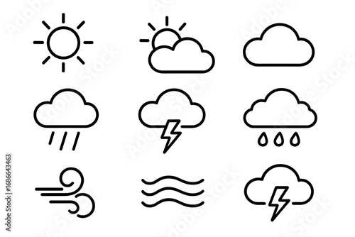 Weather Line Icon Set, Forecast Symbols, Climate Elements, Storm, Sun, Cloud, Rain, Wind, Lightning, Vector Cartoon Illustration on Transparent Background, Ordered Collection