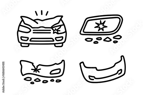 Traffic accident icons set with crumpled car hood, shattered headlight, twisted bumper debris, broken car parts illustration, vehicle collision, automotive damage vector cartoon symbols