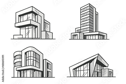 Collection of architectural sketches showing modern building designs. Vector line art of house and office exteriors. Minimalist icons for real estate and construction projects.