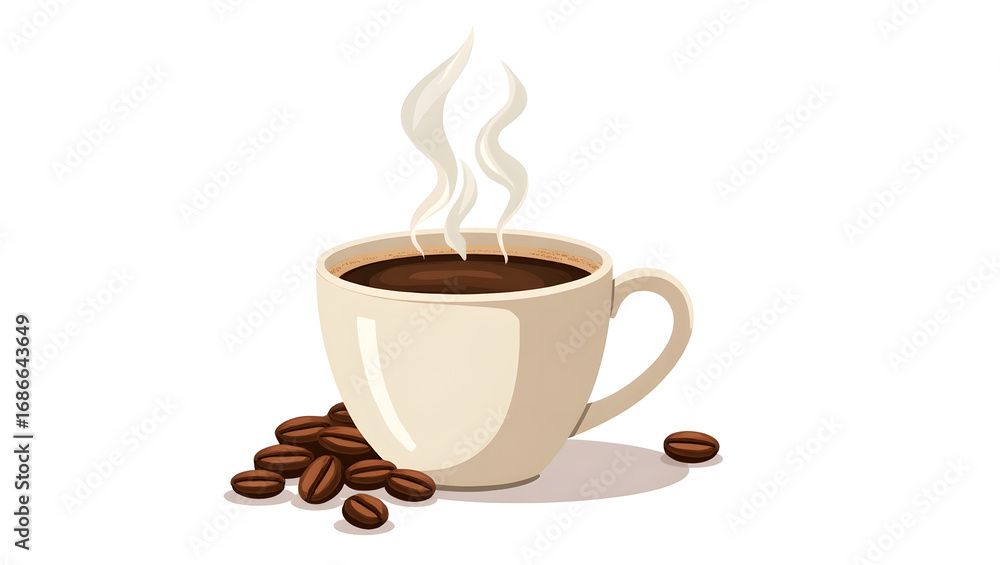 Obraz premium Steaming Cup of Coffee with Coffee Beans